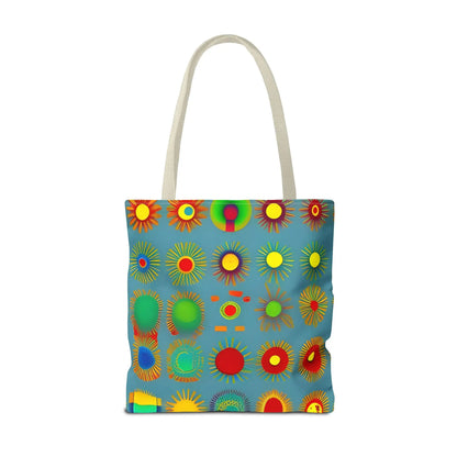 A vibrant blue sun pattern tote bag with colorful sunburst circles and white handles for everyday use