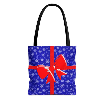 Tote Bag Blue with Red Bow Christmas Present - 13’’ × 13’’ / Black - Bags