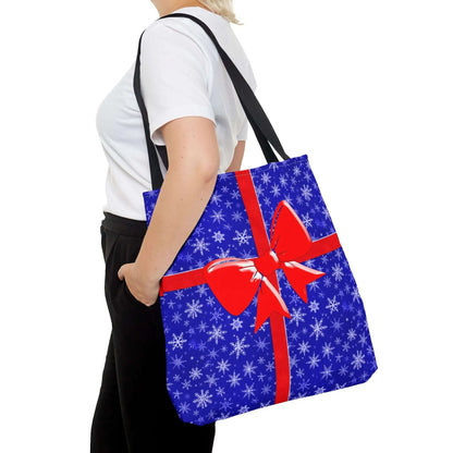 Tote Bag Blue with Red Bow Christmas Present - Bags