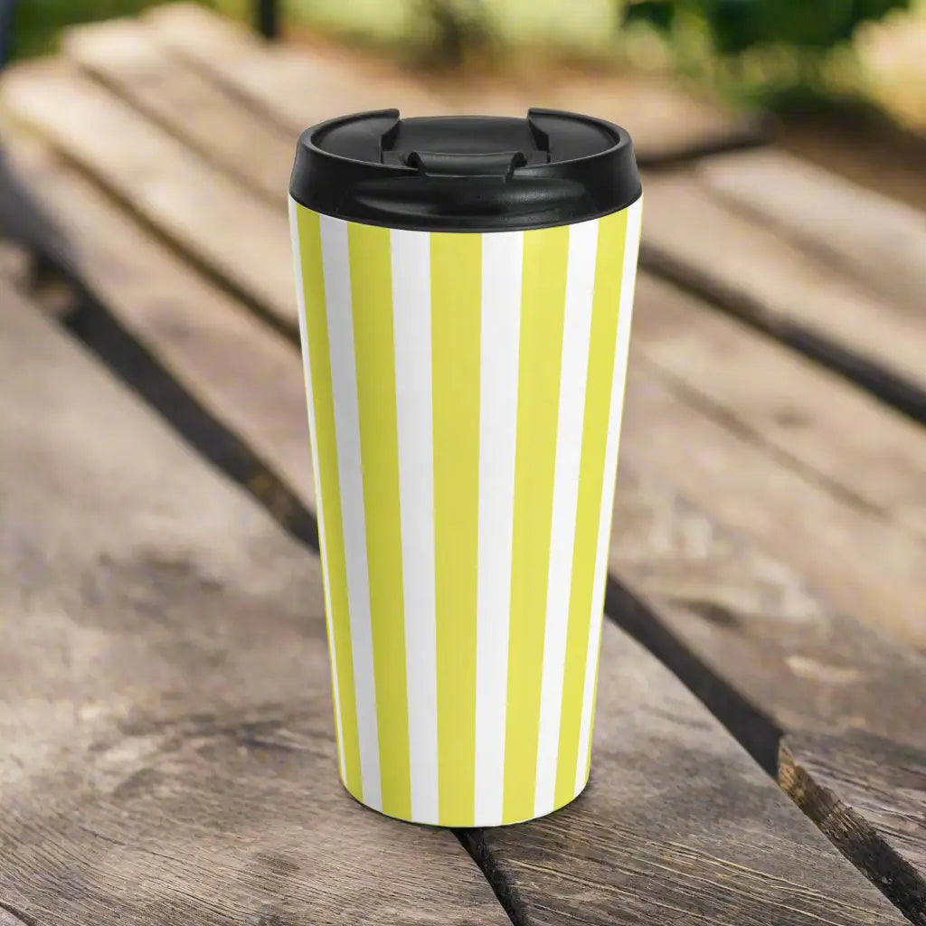 Vintage Bright Yellow Striped Stainless Steel Travel Mug Retro Insulated Coffee Cup Reusable Tea Tumbler Gift - 15oz