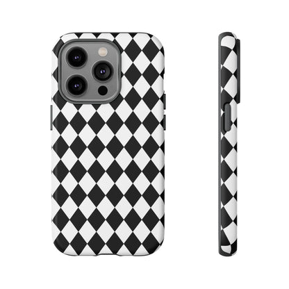 Back side of a sleek white and black dimond tough phone case cover for iphone google and samsung with a protective design