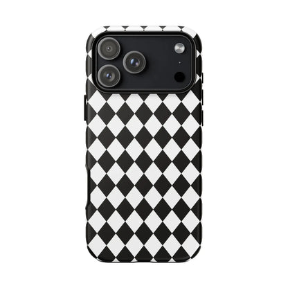 Back of a white and black dimond tough phone case cover with a sleek modern design for iphone google and samsung