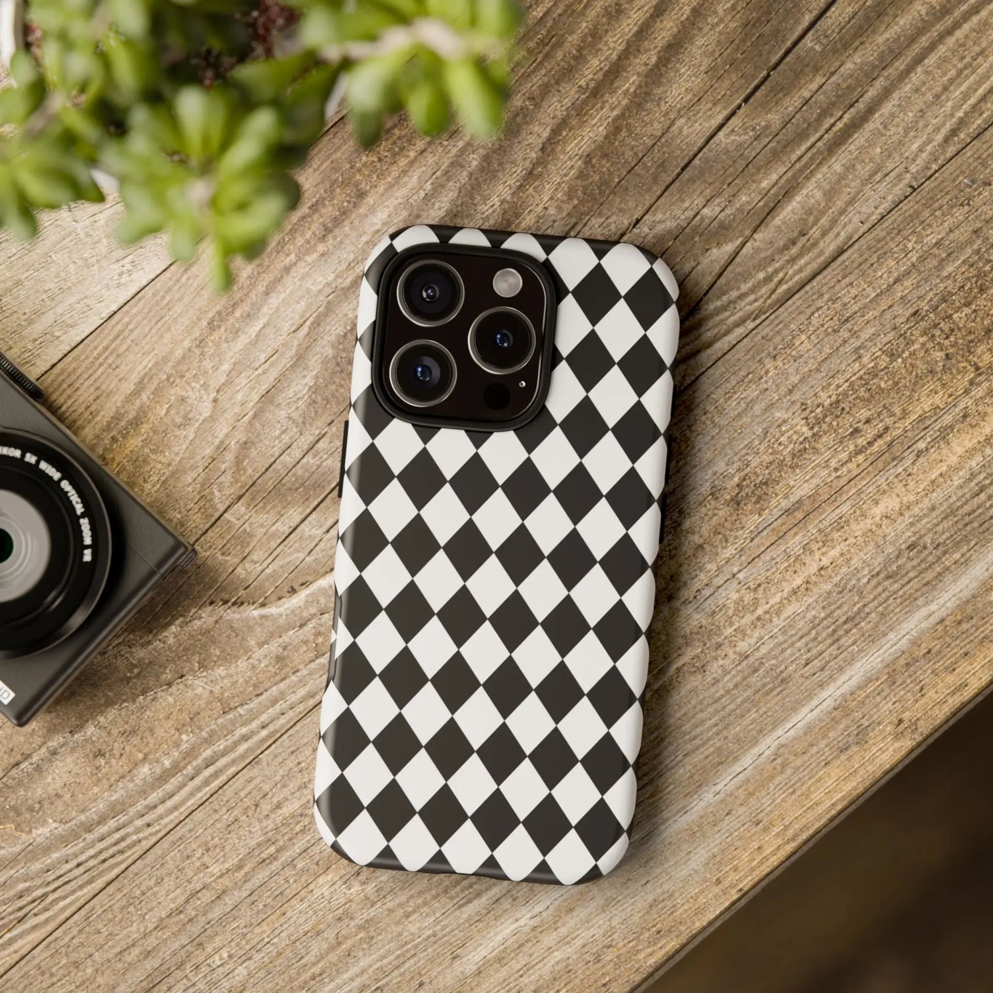 Black dimond tough phone case cover with white and black diamond pattern shown from the back for iphone google samsung