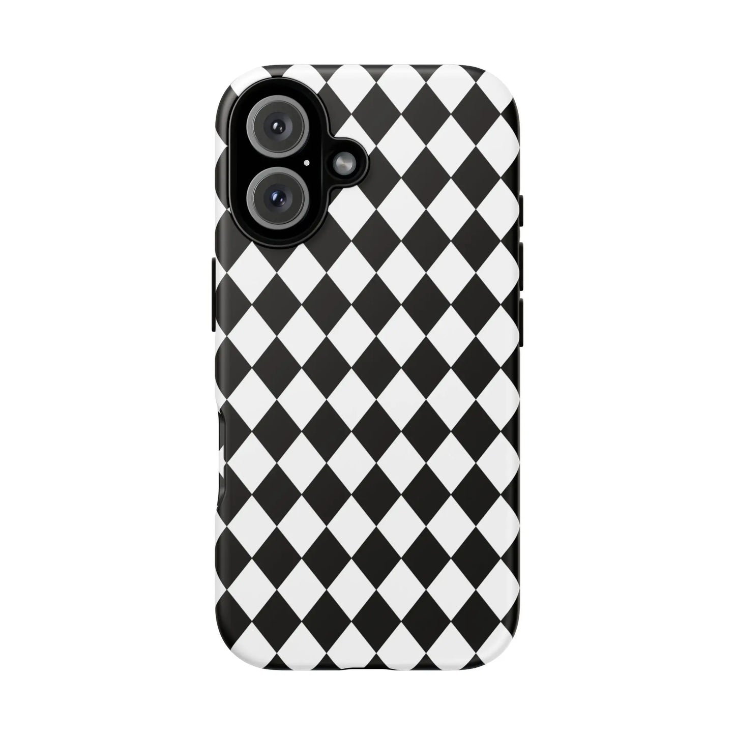 Black dimond tough phone case cover in white and black diamond pattern shown from the back for iphone google and samsung