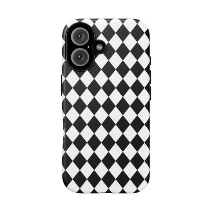 Black dimond tough phone case cover in white and black diamond pattern shown from the back for iphone google and samsung