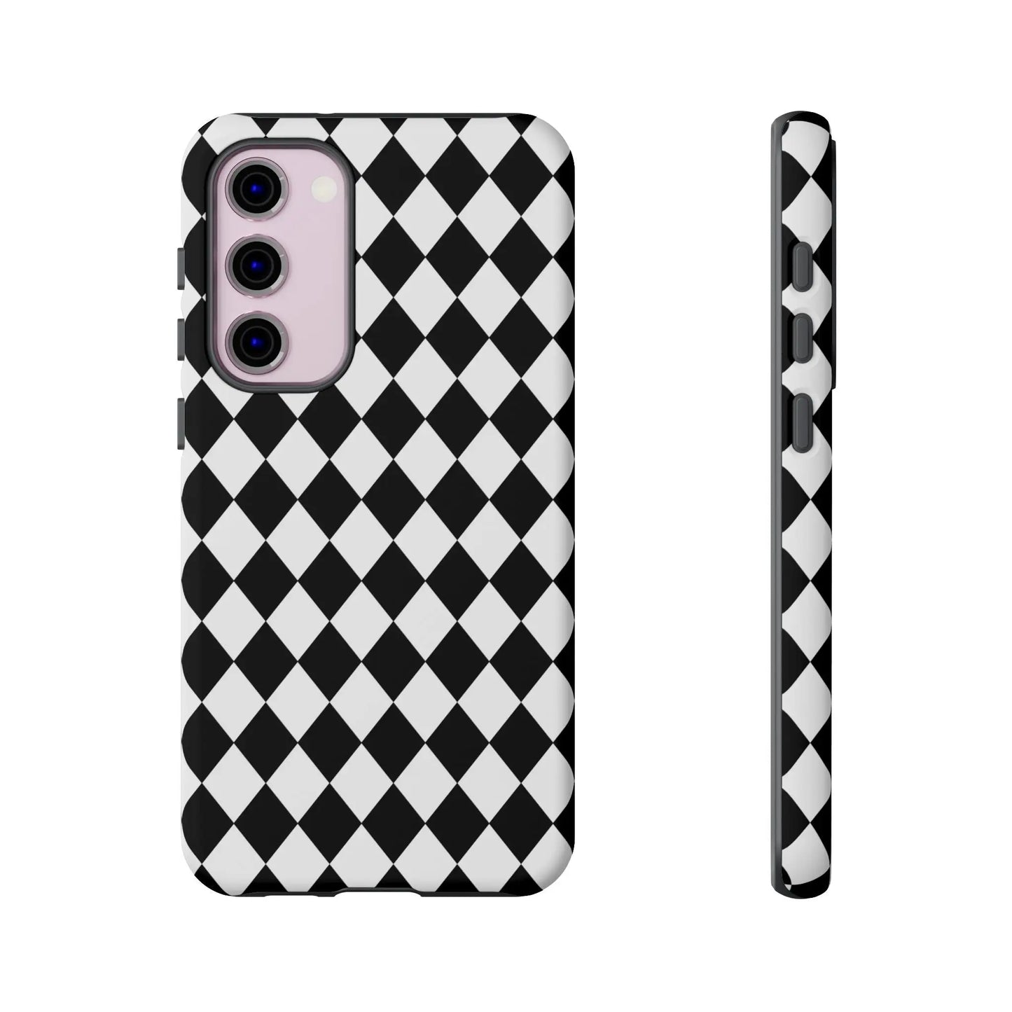 Black dimond tough phone case cover with white and black diamond pattern shown from the back for iPhone Google Samsung