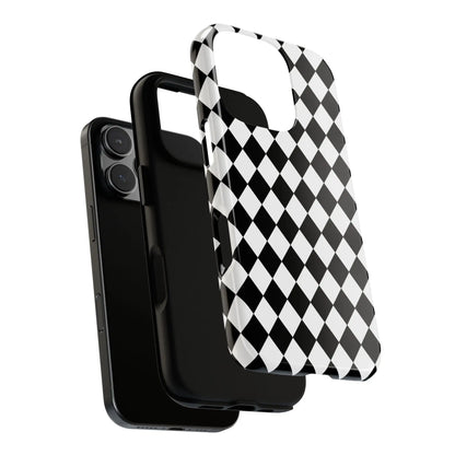 Back of a white and black dimond tough phone case cover with a glossy finish for iphone google samsung