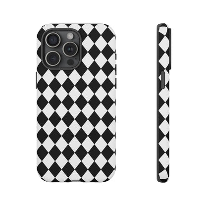 Back side of a black dimond tough phone case cover with white and black diamond pattern for iphone google and samsung