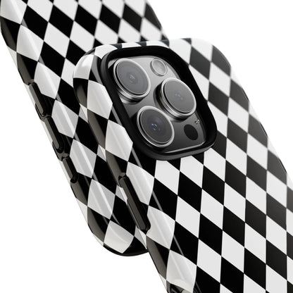 Back side of white and black dimond tough phone case cover with checkered glossy finish for iphone google samsung