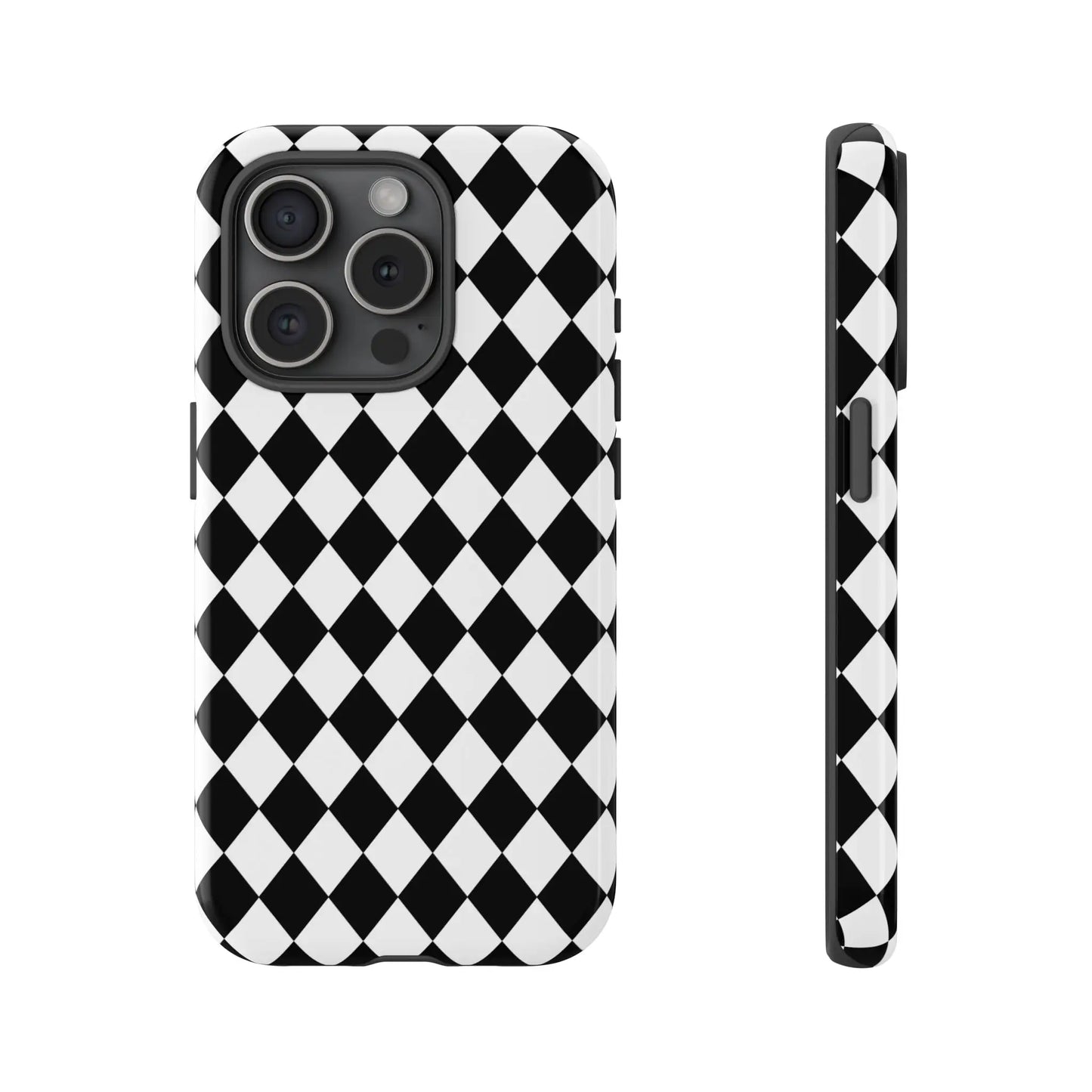 Back side of a black dimond tough phone case cover with a white and black diamond pattern and a glossy finish