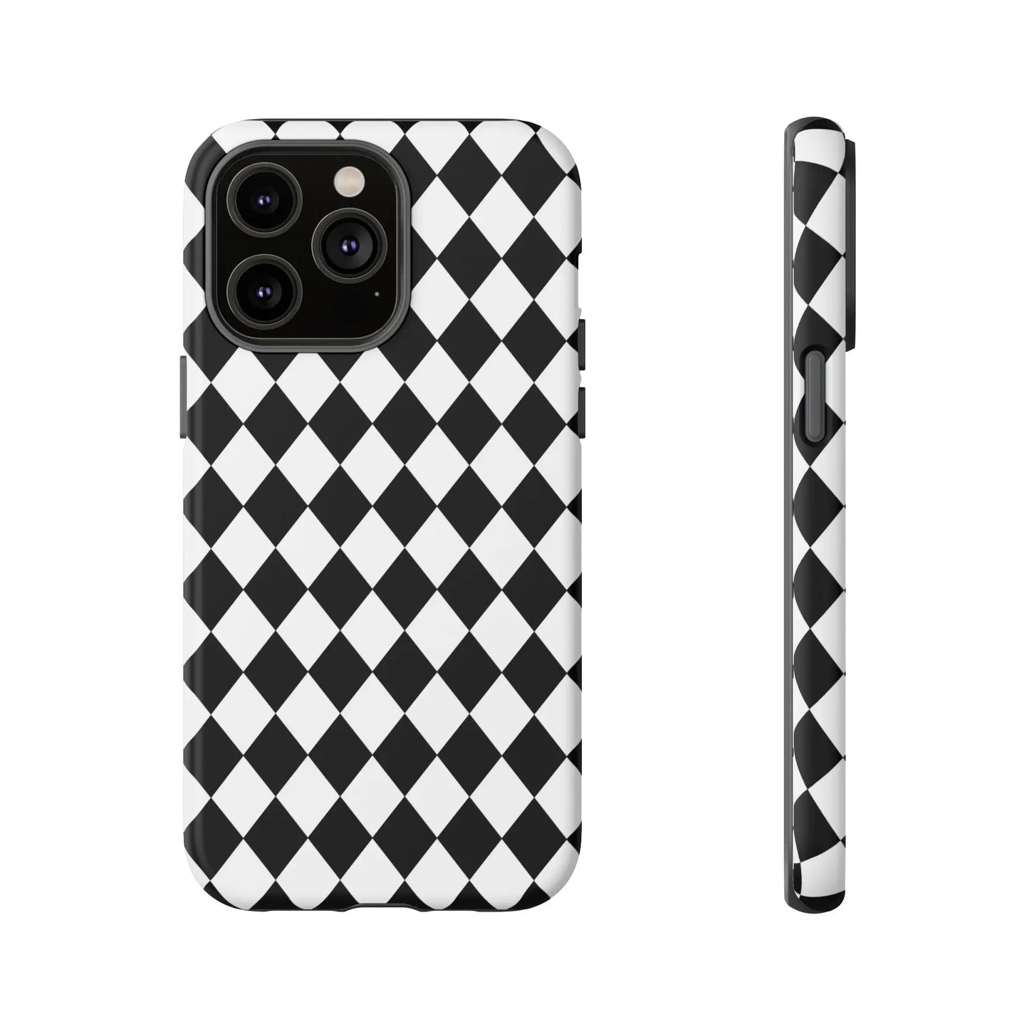 Black and white dimond tough phone case with modern design shown from the back for iphone google and samsung