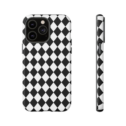 Black and white dimond tough phone case with modern design shown from the back for iphone google and samsung