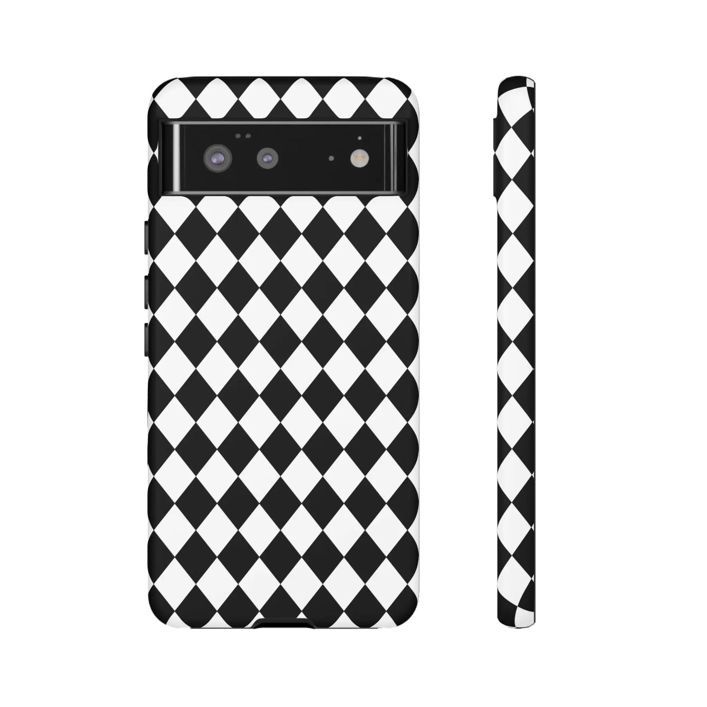 Back side of black and white dimond tough phone case cover with modern design for iPhone Google Samsung
