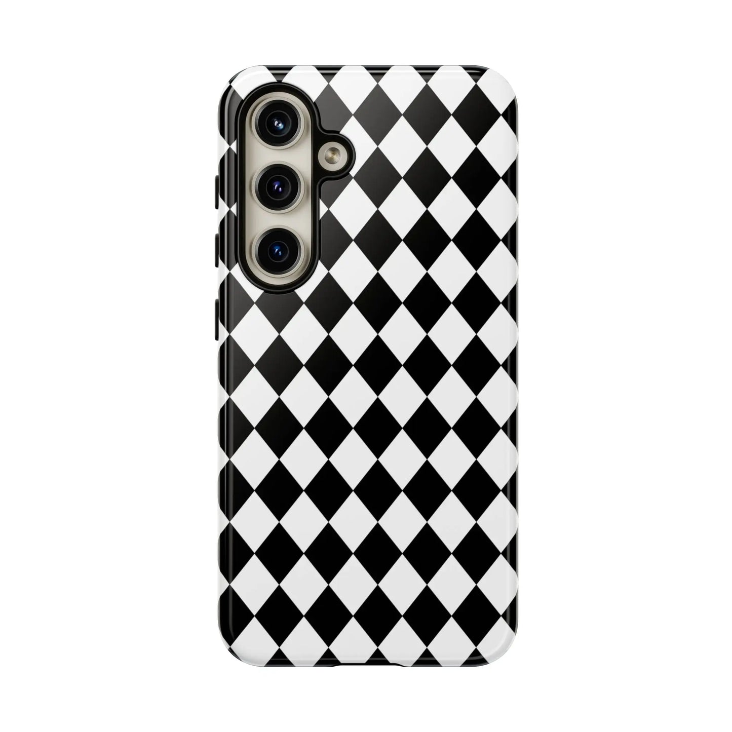 Black dimond tough phone case back with white and black diamond pattern and sleek glossy finish for iPhone Google Samsung