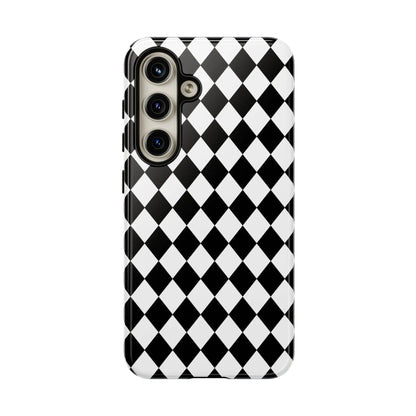 Black dimond tough phone case back with white and black diamond pattern and sleek glossy finish for iPhone Google Samsung