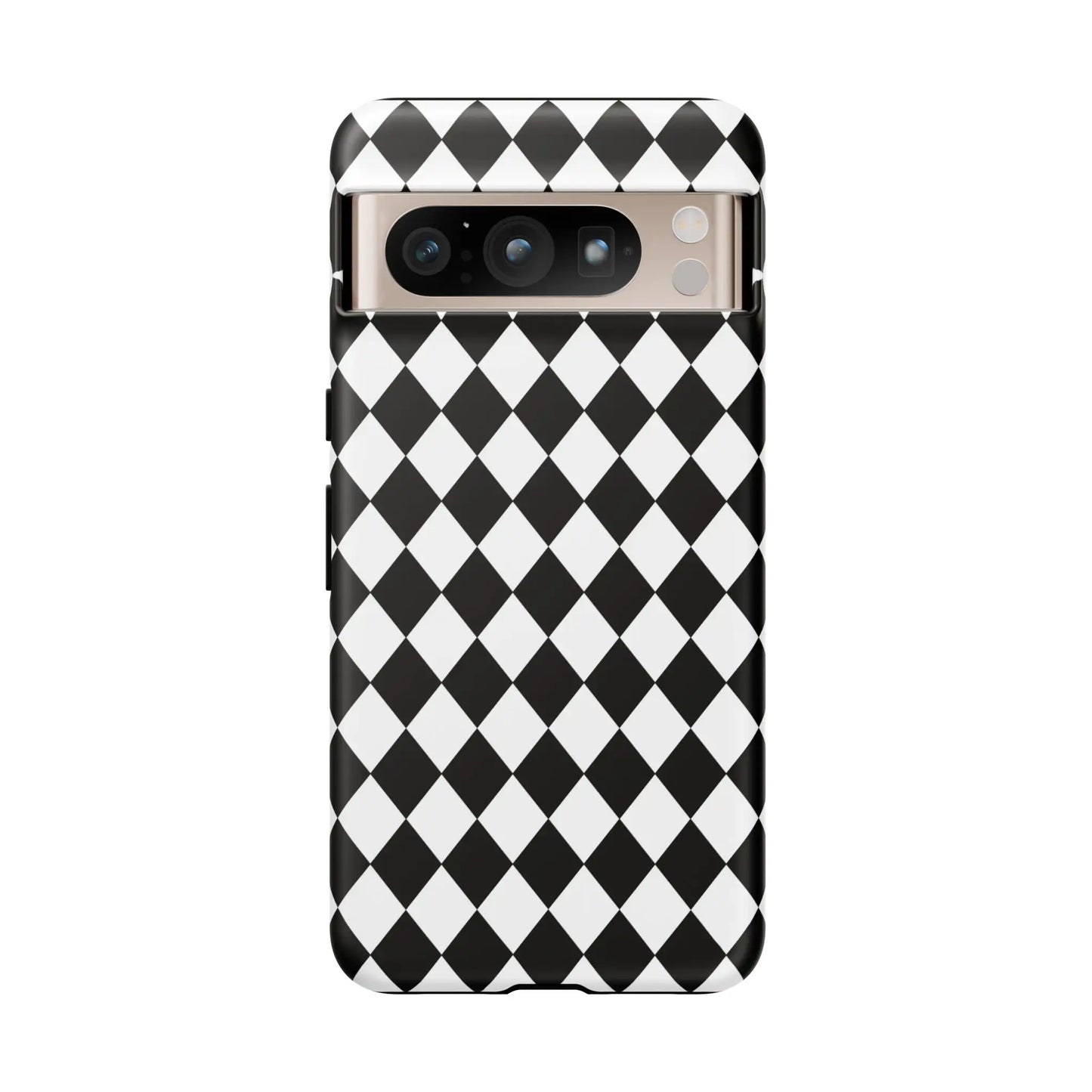 Black dimond tough phone case cover with white and black diamond pattern shown from the back for iphone google samsung