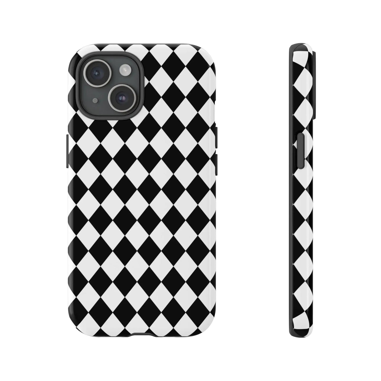 Back side of a black and white diamond tough phone case with sleek protective design for iphone google and samsung phones
