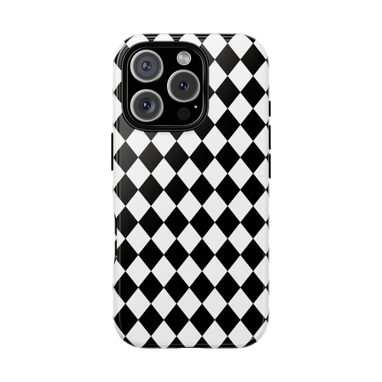 Black and white diamond-patterned glossy tough phone case back side for iPhone Google Samsung dimond tough phone