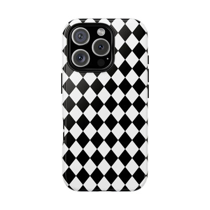 Black and white diamond-patterned glossy tough phone case back side for iPhone Google Samsung dimond tough phone