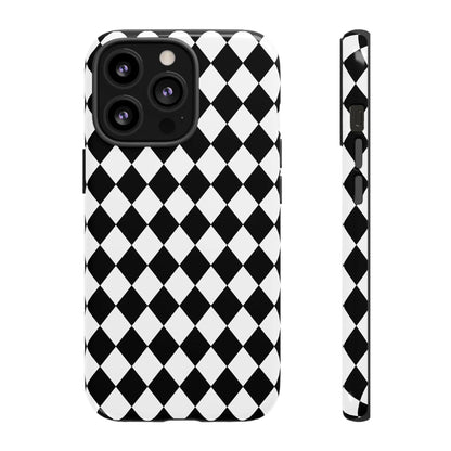 Black dimond tough phone case cover for iPhone Google Samsung with white and black diamond pattern and glossy finish back view
