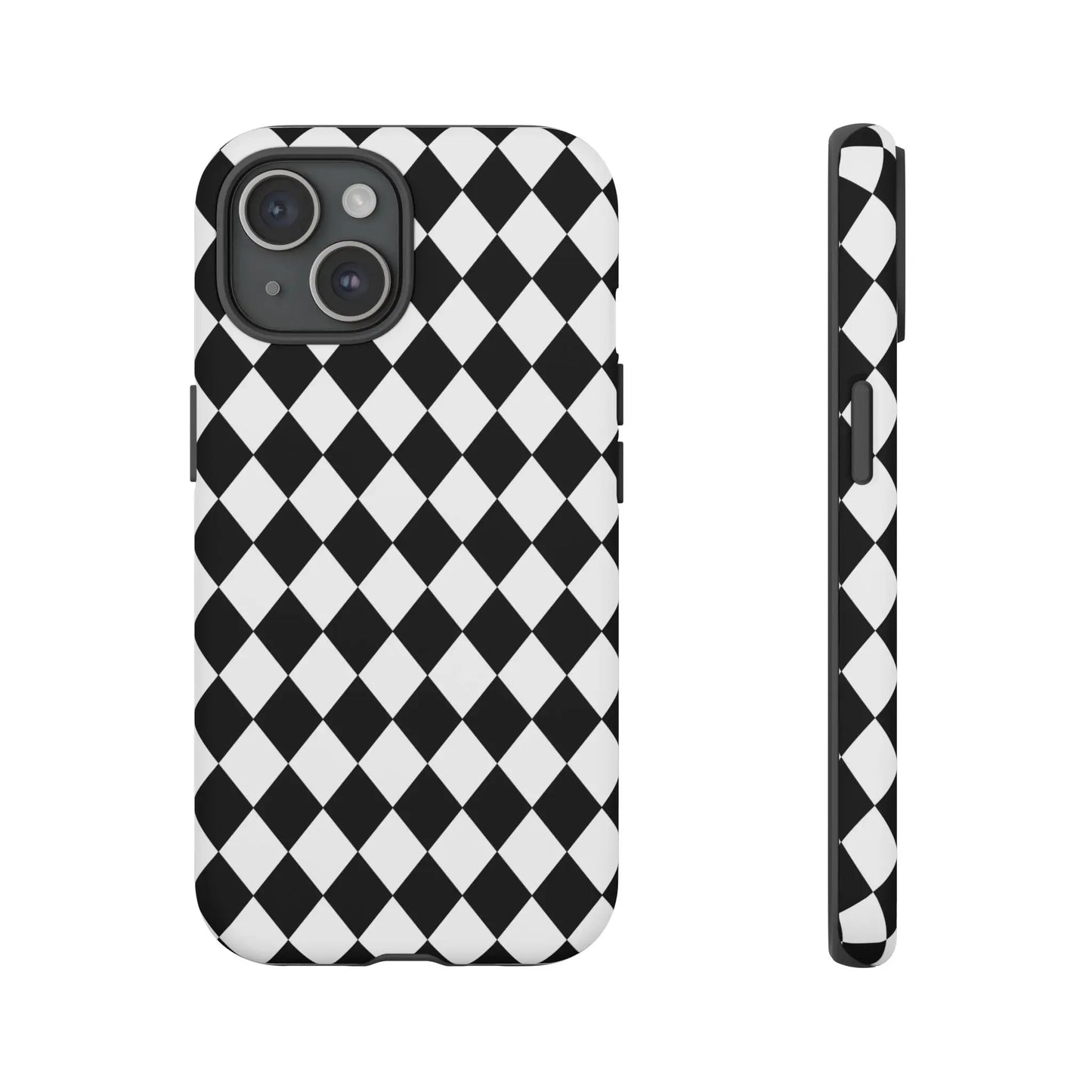Back side of a black and white diamond tough phone case cover with a sleek modern design for iphone google samsung