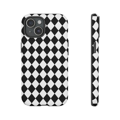 Back side of a black and white diamond tough phone case cover with a sleek modern design for iphone google samsung