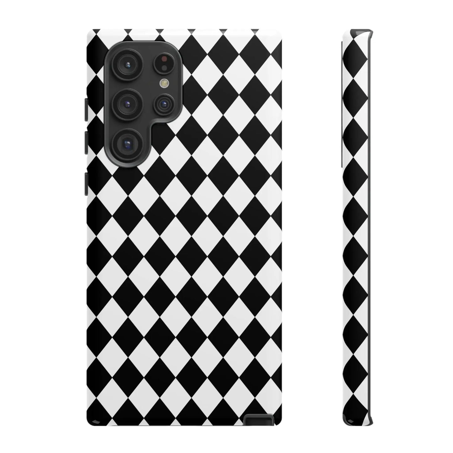 Back side of a black dimond tough phone case cover with white and black diamond pattern for iphone google samsung