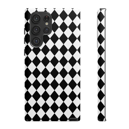 Back side of a black dimond tough phone case cover with white and black diamond pattern for iphone google samsung
