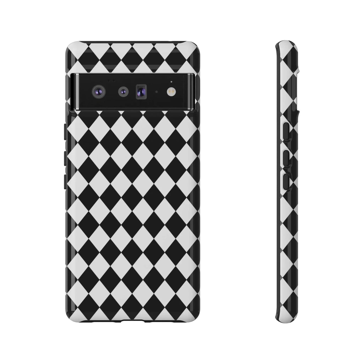 Back side of a white and black dimond tough phone case cover with a glossy finish for iphone google and samsung models
