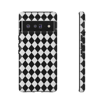 Back side of a white and black dimond tough phone case cover with a glossy finish for iphone google and samsung models