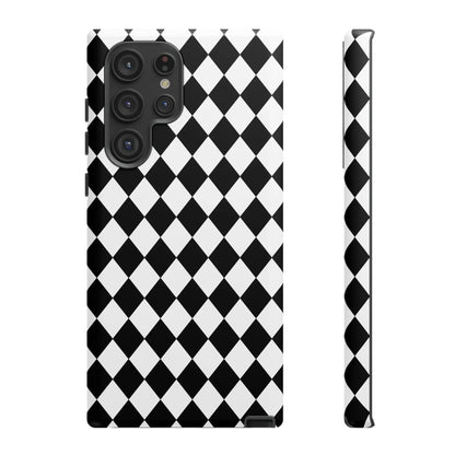 Black and white diamond-patterned tough phone case cover for samsung galaxy s23 ultra back side view
