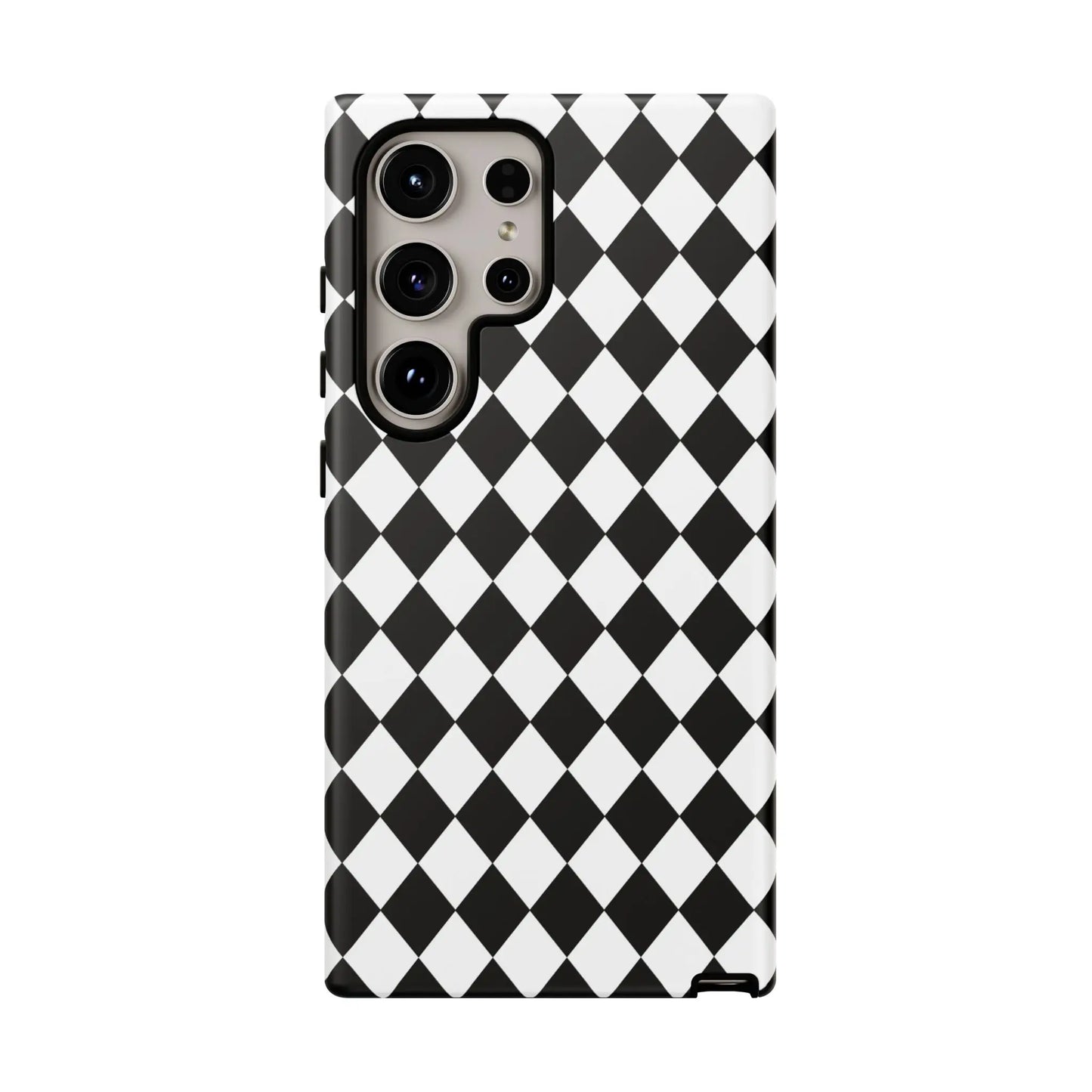 Black and white diamond tough phone case cover for samsung galaxy s21 ultra shown from the back side