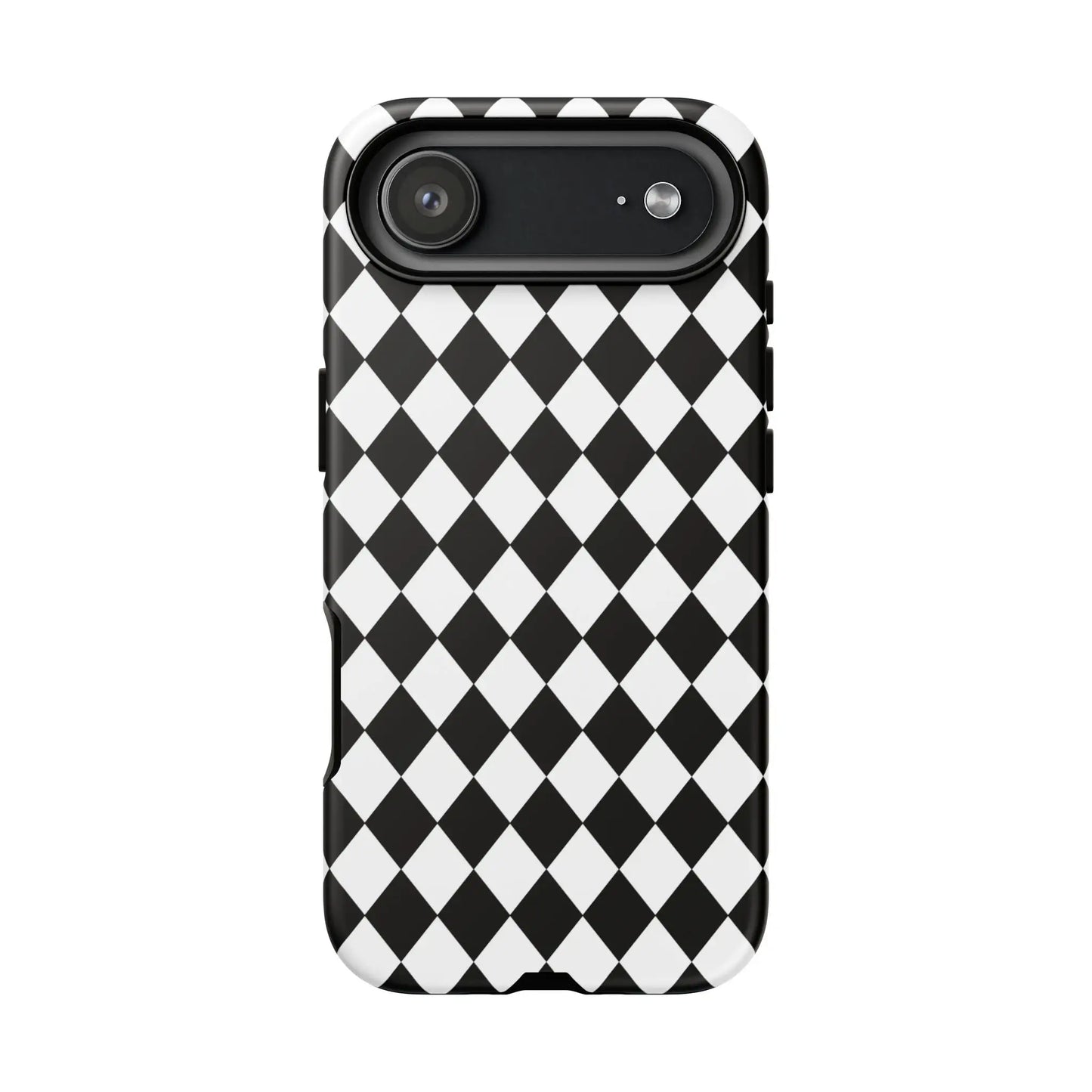 Back view of a black and white diamond tough phone case with a sleek modern design for iphone google and samsung