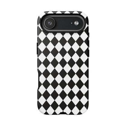 Back view of a black and white diamond tough phone case with a sleek modern design for iphone google and samsung