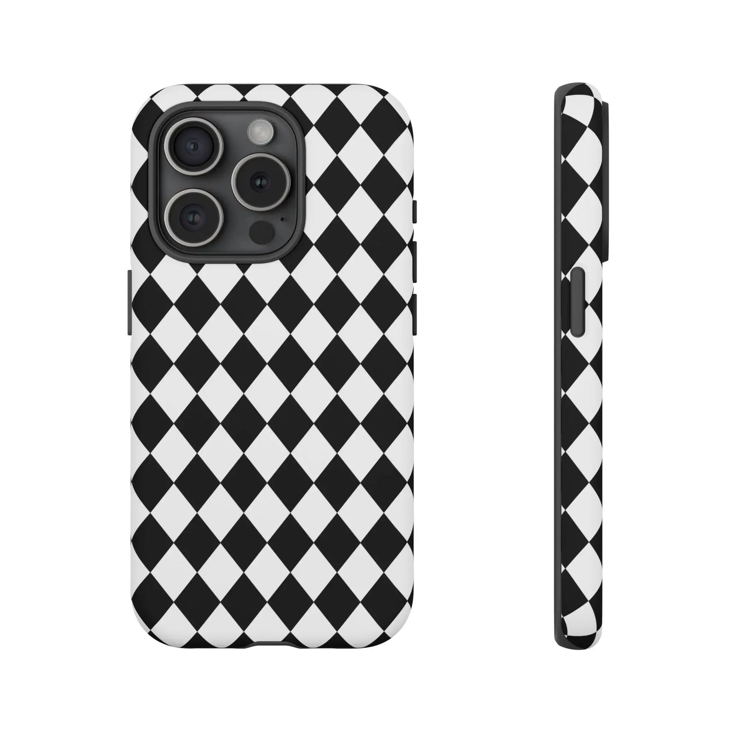 Back side of a white and black dimond tough phone case cover with sleek protective design for iphone google samsung