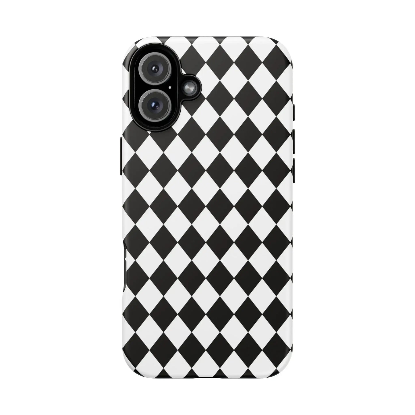 Black dimond tough phone case cover with white and black diamond pattern shown from the back for iPhone Google Samsung