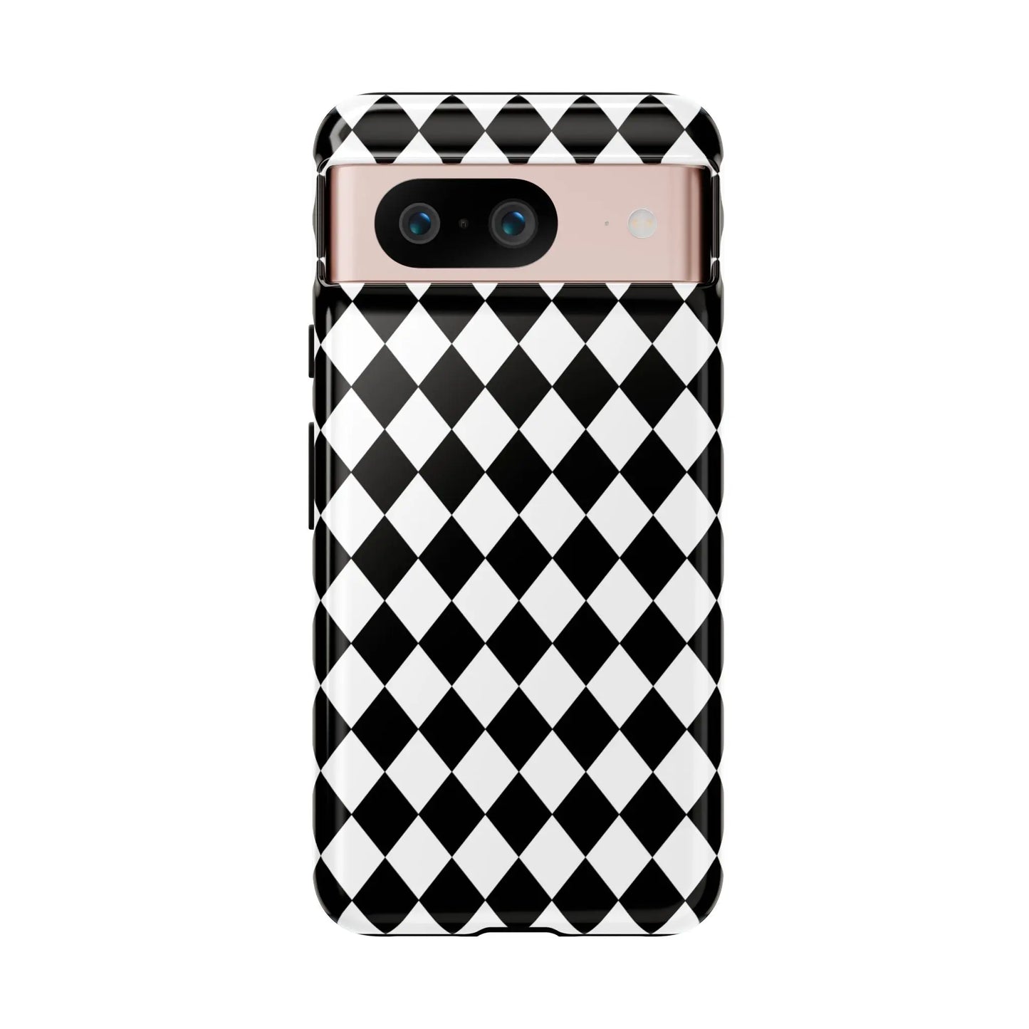 Back side of black and white dimond tough phone case cover with rose gold camera cutout for iphone google samsung