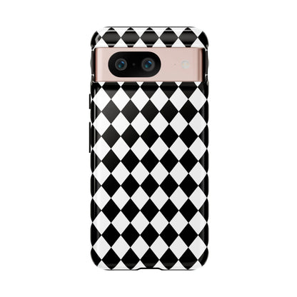 Back side of black and white dimond tough phone case cover with rose gold camera cutout for iphone google samsung