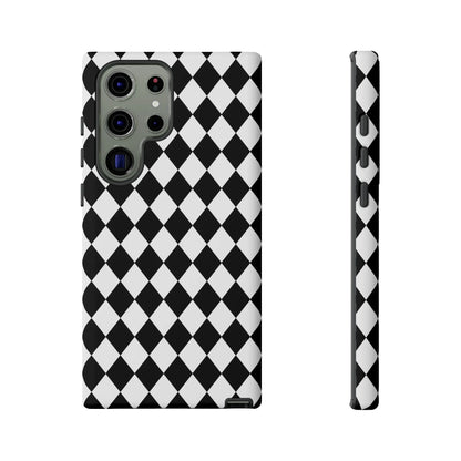 Back side of black and white diamond tough phone case cover with sleek modern design for iphone google samsung