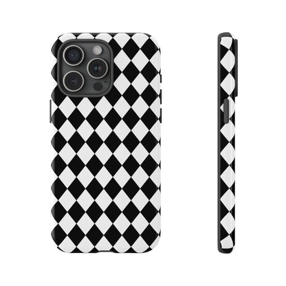Black dimond tough phone case cover with white and black diamond pattern shown from the back side for iPhone Google Samsung