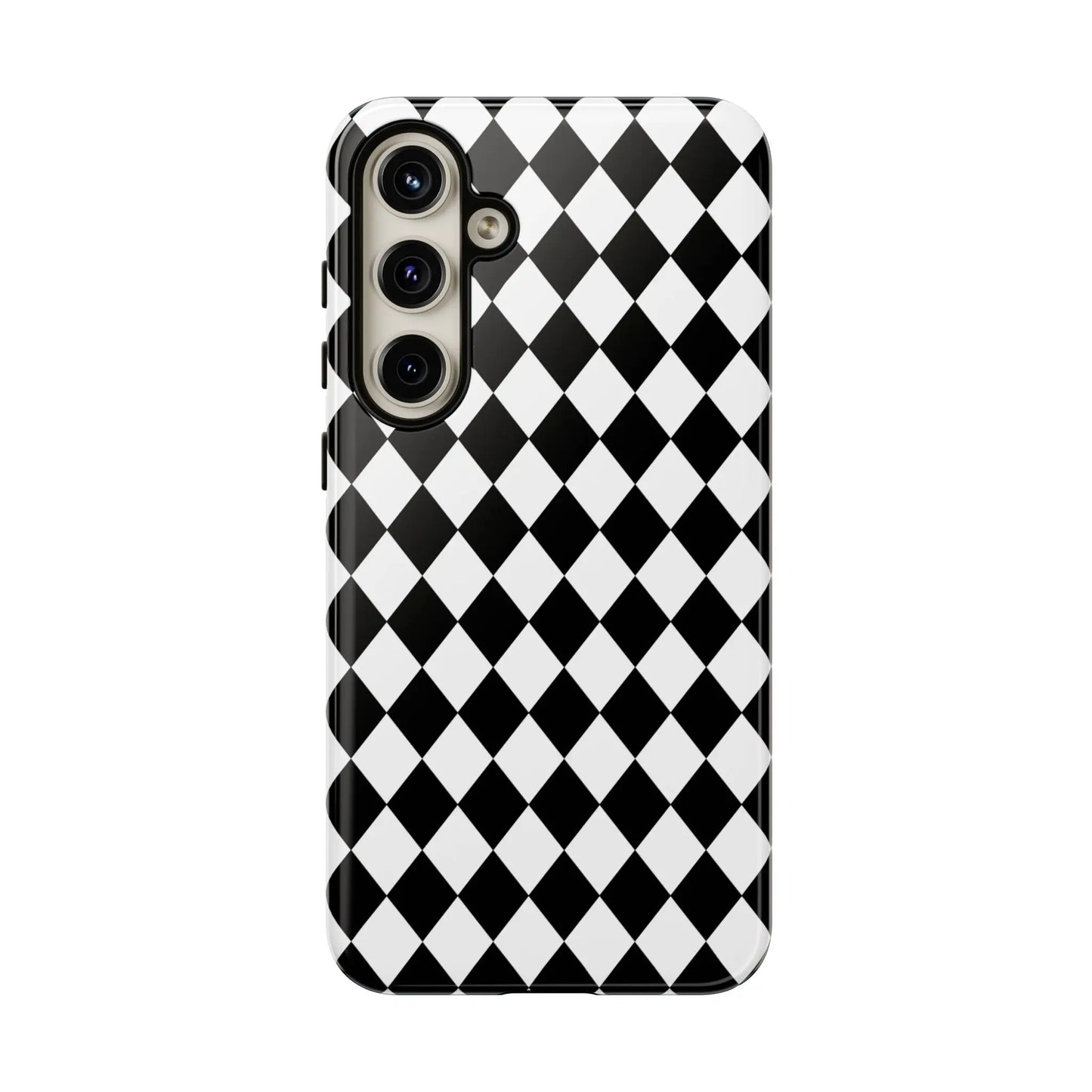Black dimond tough phone case cover with white and black diamond pattern and glossy finish shown from the back side
