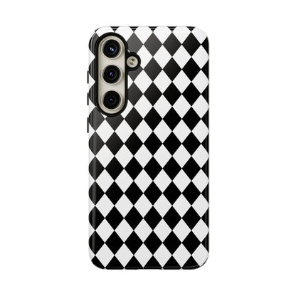 Black dimond tough phone case cover with white and black diamond pattern and glossy finish shown from the back side