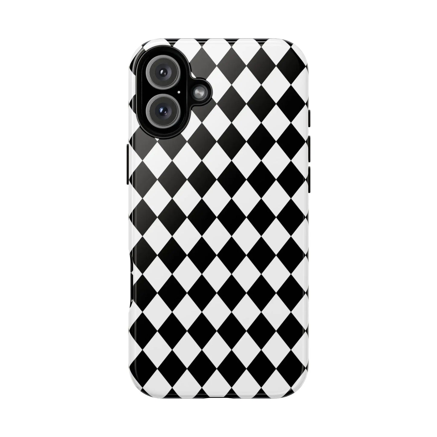 Back side of a black dimond tough phone case with white and black diamond pattern and sleek glossy finish