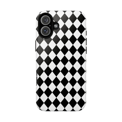 Back side of a black dimond tough phone case with white and black diamond pattern and sleek glossy finish
