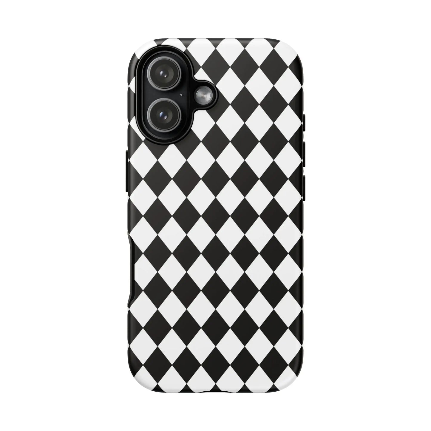 Back side of a black and white dimond tough phone case with a sleek modern design for iPhone Google Samsung