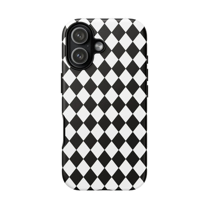 Back side of a black and white dimond tough phone case with a sleek modern design for iPhone Google Samsung
