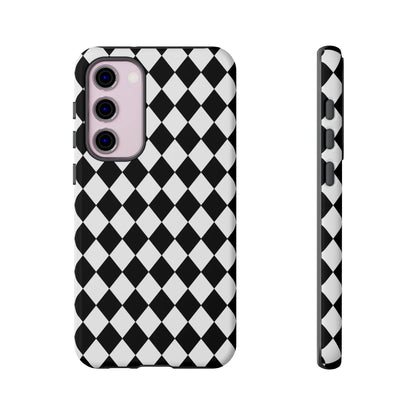Back side of black and white diamond tough phone case cover with sleek hard shell design for iphone google and samsung