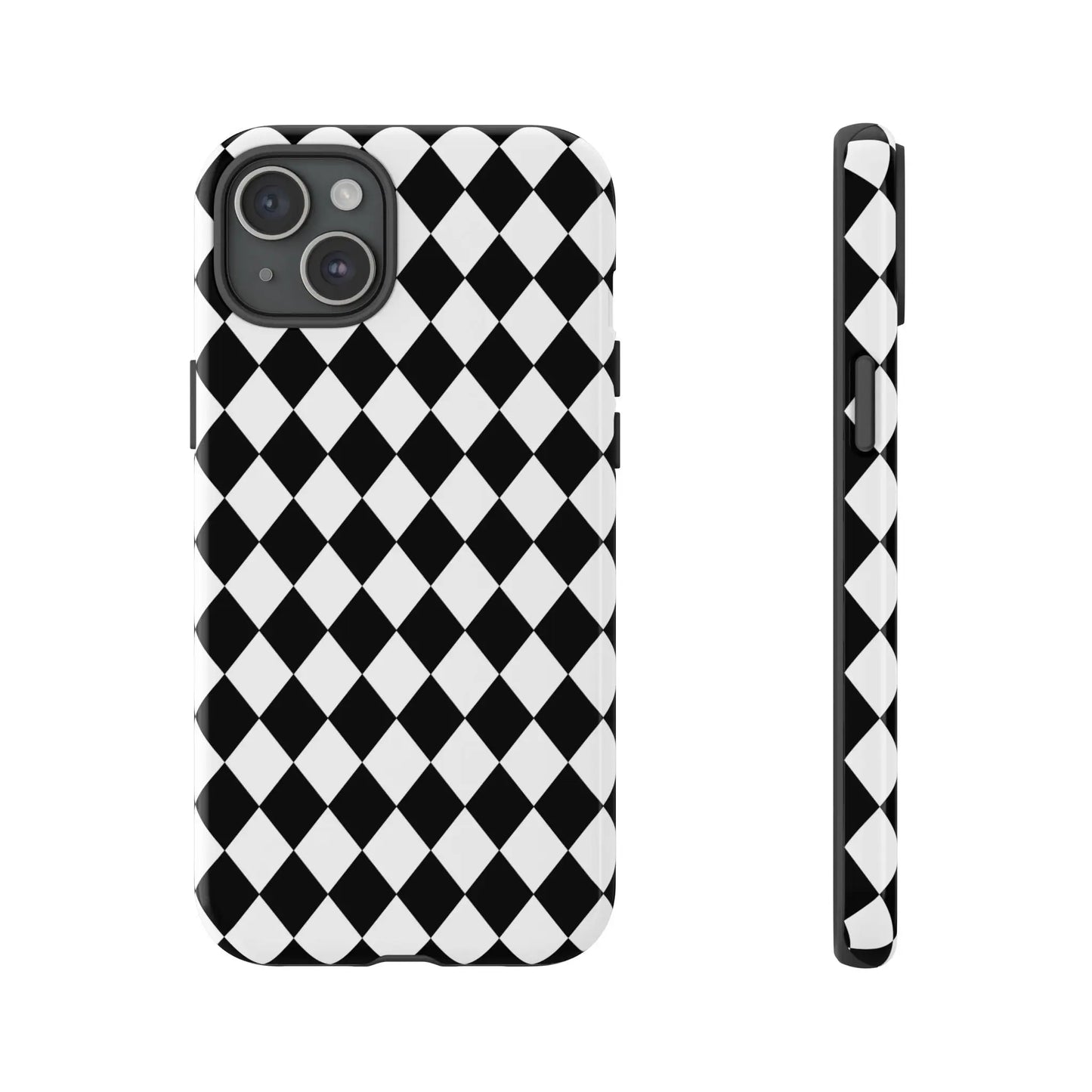 Black diamond tough phone case cover in white and black diamond pattern with sleek protective design shown from the back