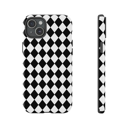 Black diamond tough phone case cover in white and black diamond pattern with sleek protective design shown from the back