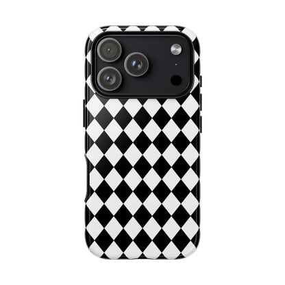 Back side of black dimond tough phone case cover with white and black diamond pattern and glossy finish for iphone google samsung